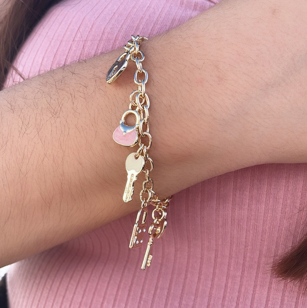 18k Gold Layered Pink Charm Bracelet With Heart & Keys Wholesale Jewelry