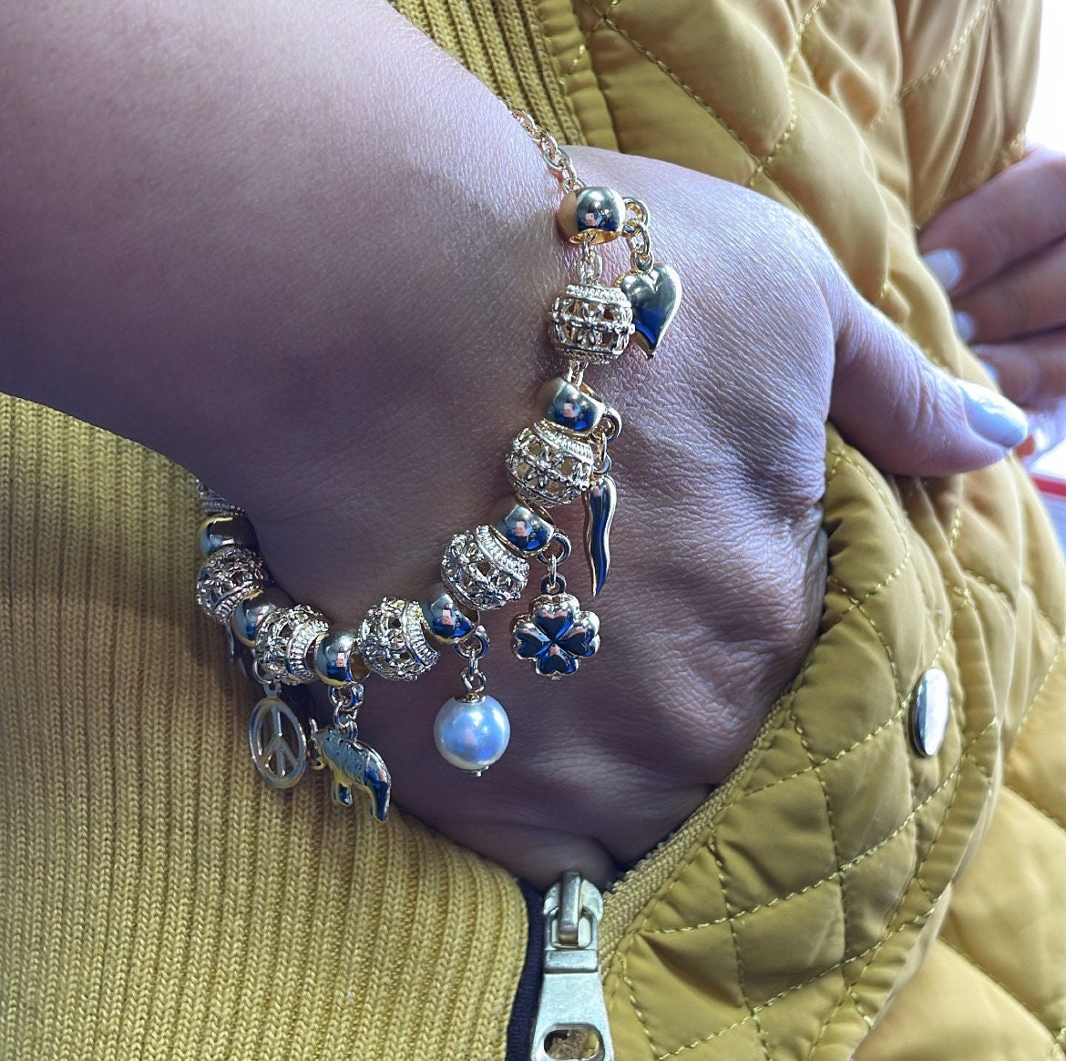 18k Gold Filled Lucky Charms Featuring Hamsa Clover Elephant Chili Pearl Peace Sign