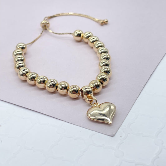 18k Gold Filled Beaded Bracelet with Chunky Heart Charm