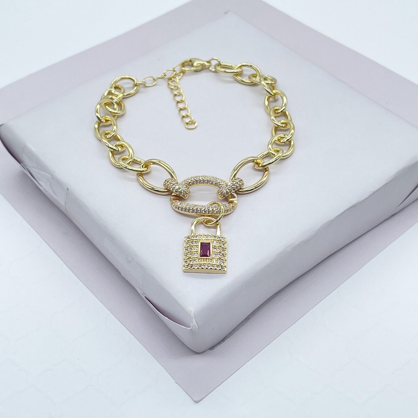 18k Gold Filled Lock Charm Bracelet: Chunky Cubic Zirconia Chain