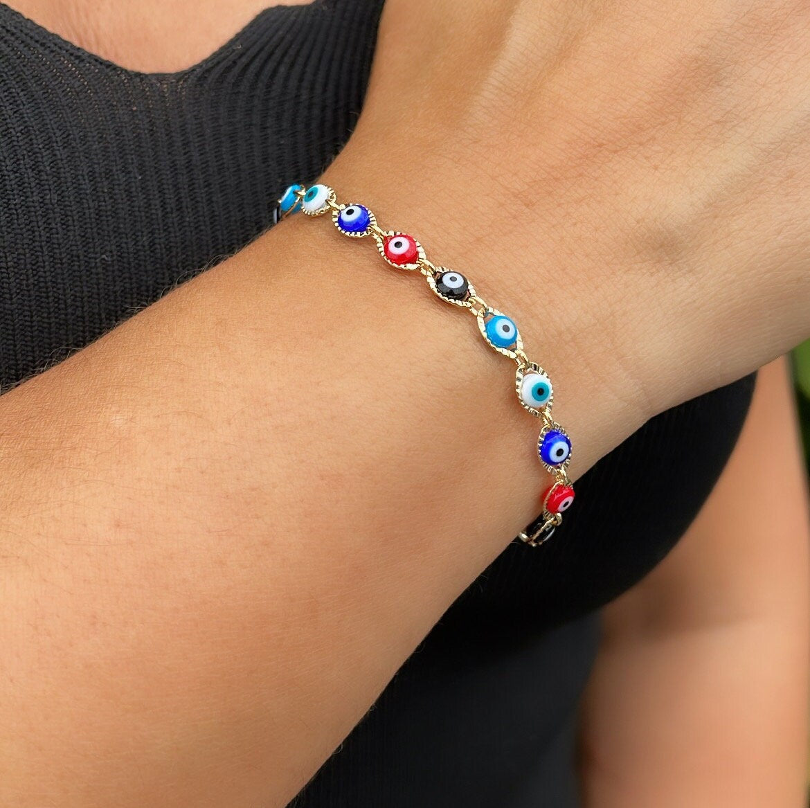 18k Gold Filled Colorful Evil Eye Adjustable Bracelet