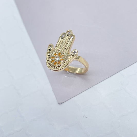 18k Gold Filled Hamsa Ring: Daisy Flower, Micro Pave Zirconia