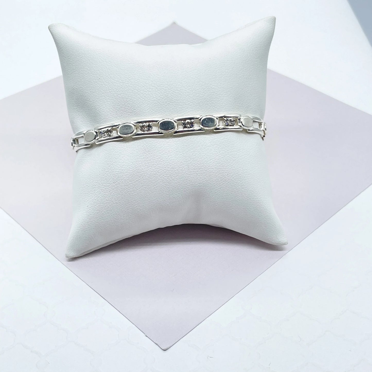 18k Silver Layered Link Bracelet Patterned With Zirconia