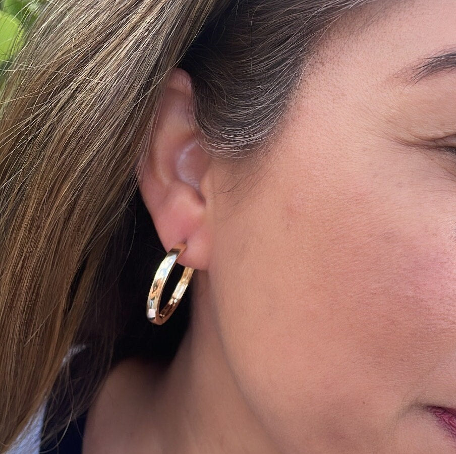 18k Gold Filled Hoop Earrings: Medium Sharp Edge Dainty Hoops