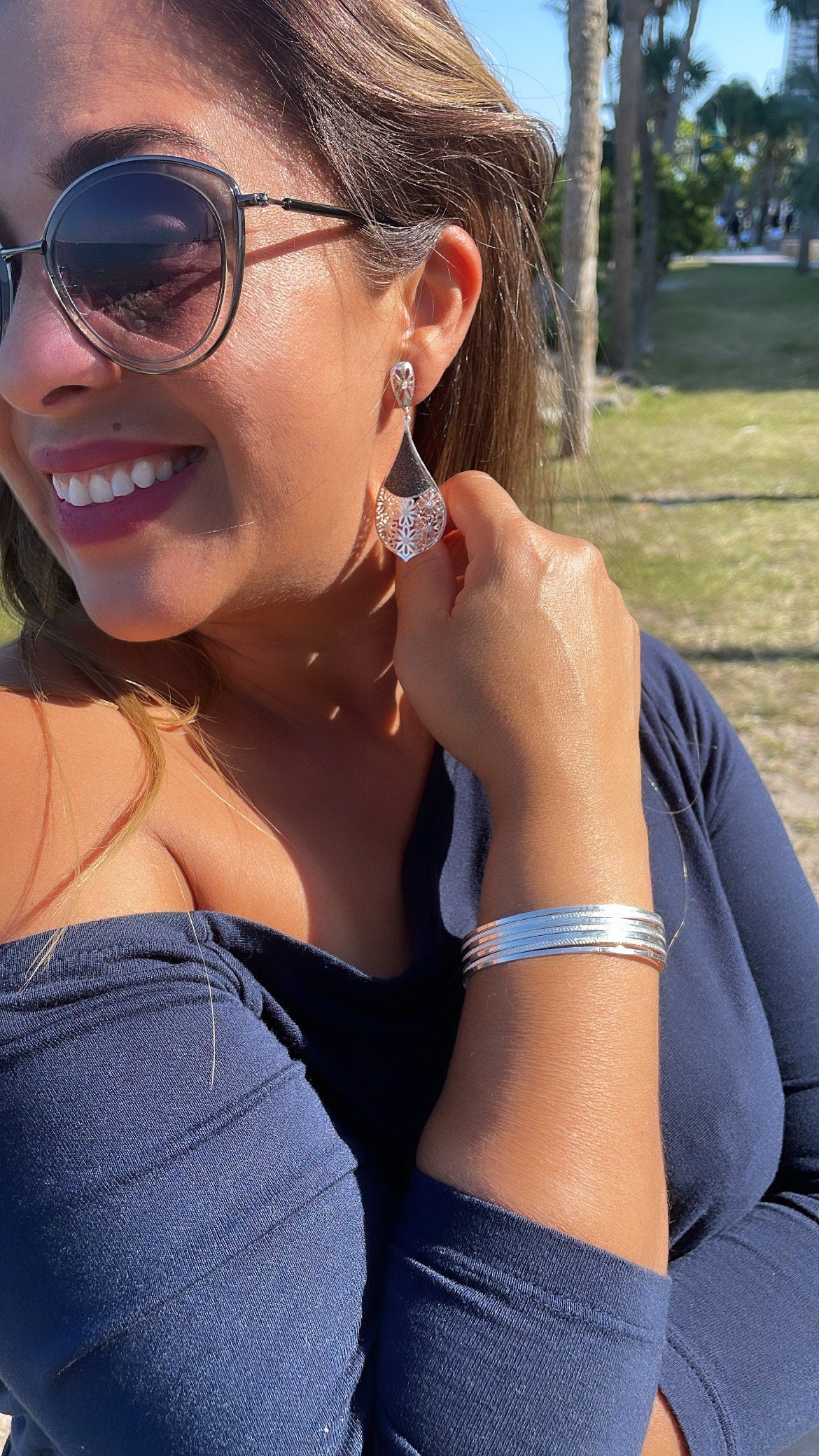 18k Silver Filled Silver Bangle Bracelet With Smooth and Textured Thin Layers