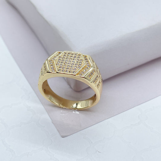 18k Gold Filled Hexagon Patterned Ring With Pave Stones