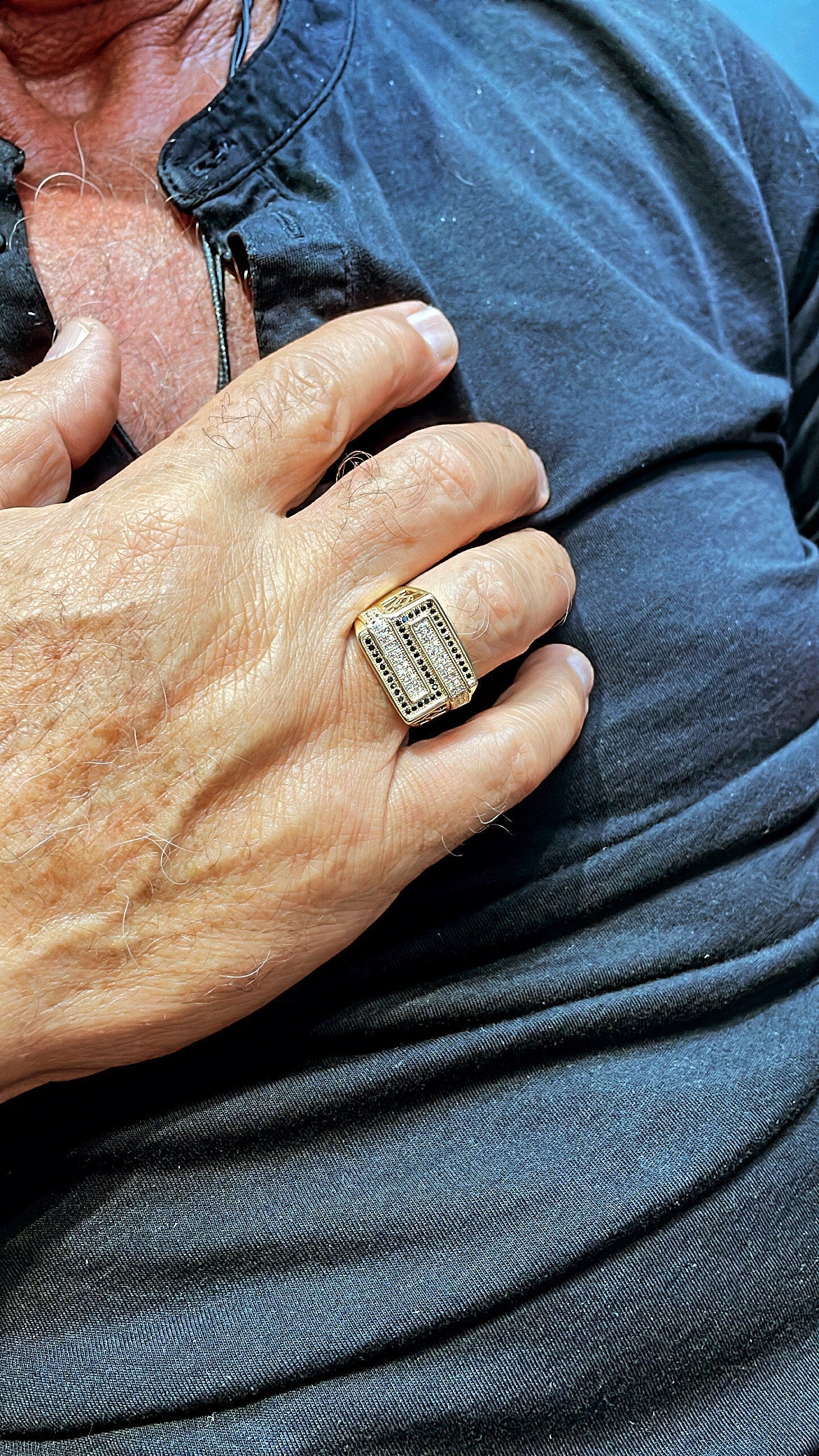 18k Gold Filled Mens Ring With White and Black Micro Zircon Stones