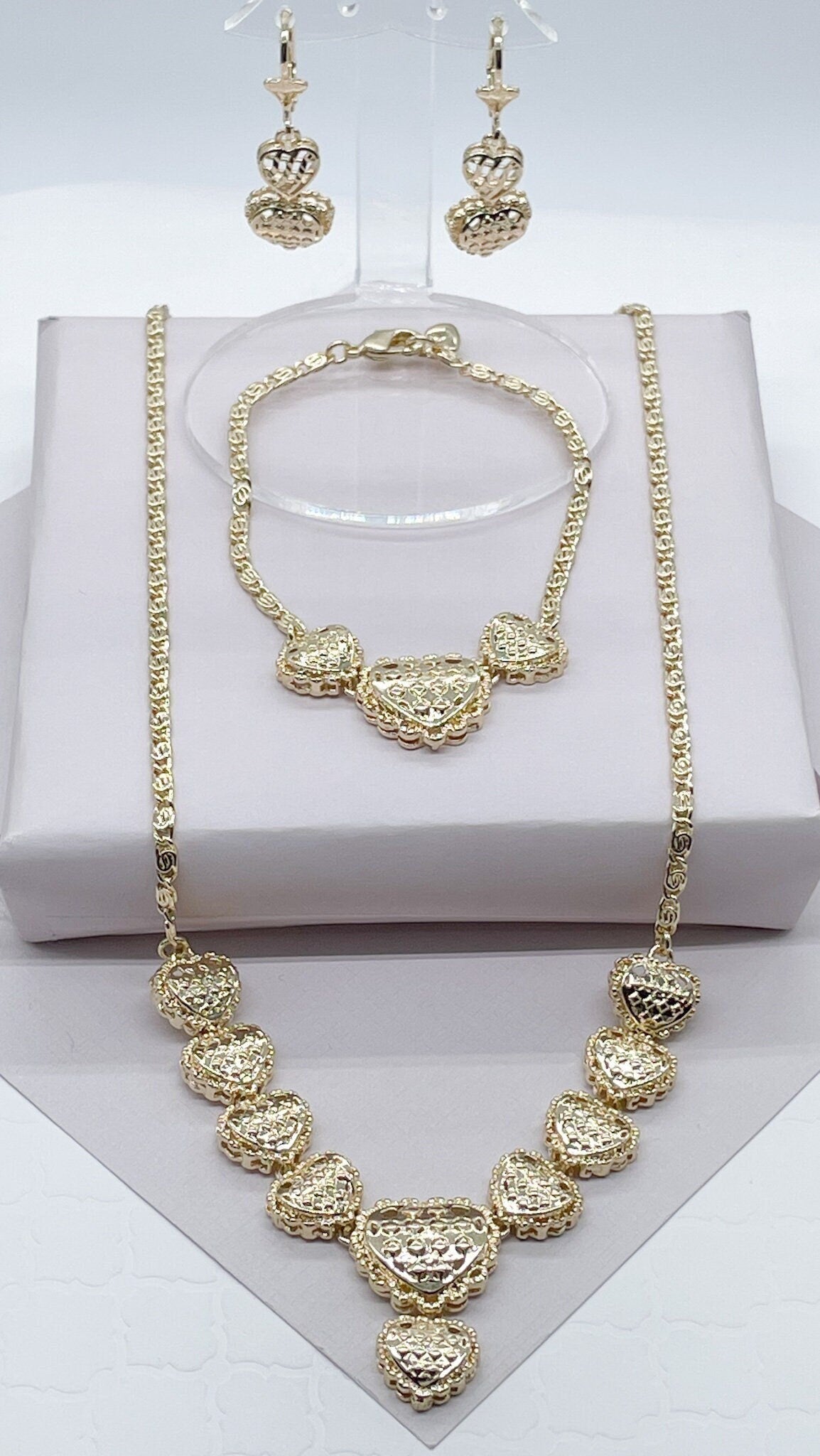 18k Gold Filled Design Heart Set, Bracelet, Necklace and Earrings, , Gift Her,