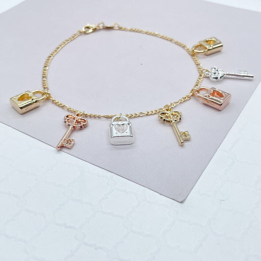 18k Gold Filled Tri-Color Lock & Key Charms Anklet