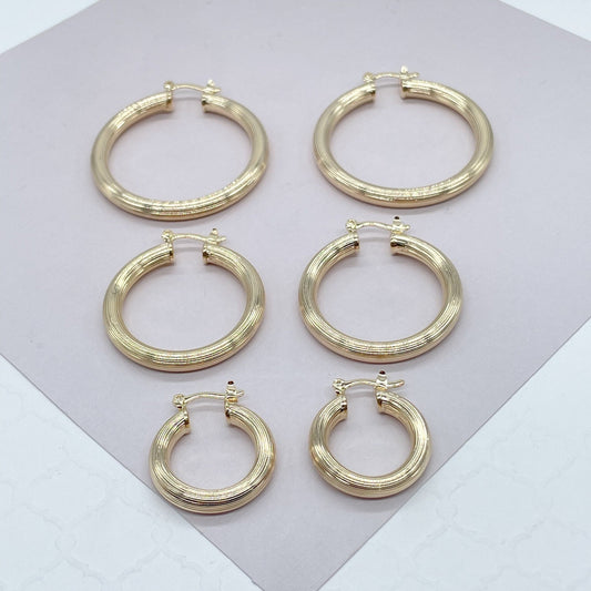 18k Gold Filled Plain Hoops in three sizes featuring a layered wire pattern