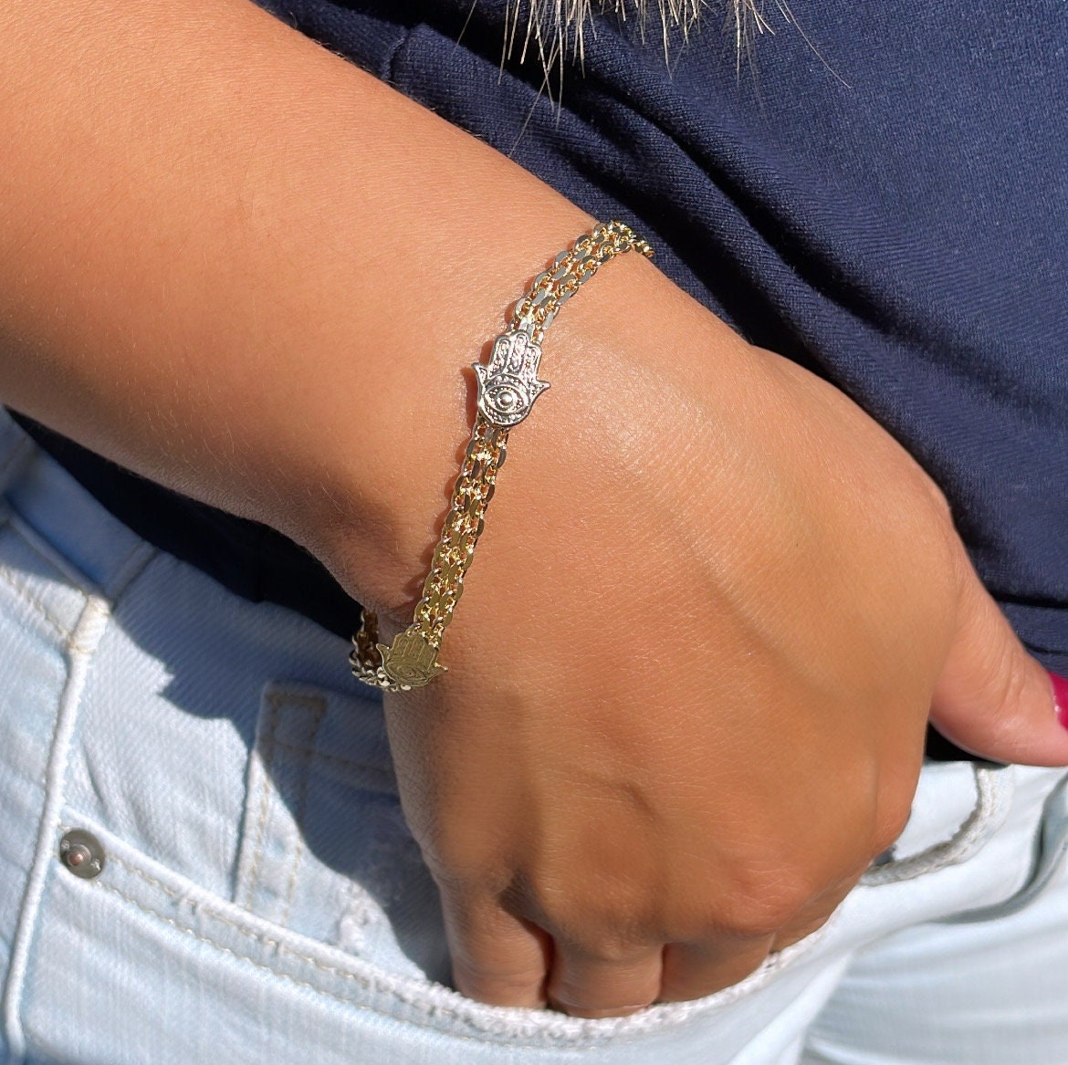 18k Gold Filled Bismarck Chain Bracelet Stamped With Hamza Hand
