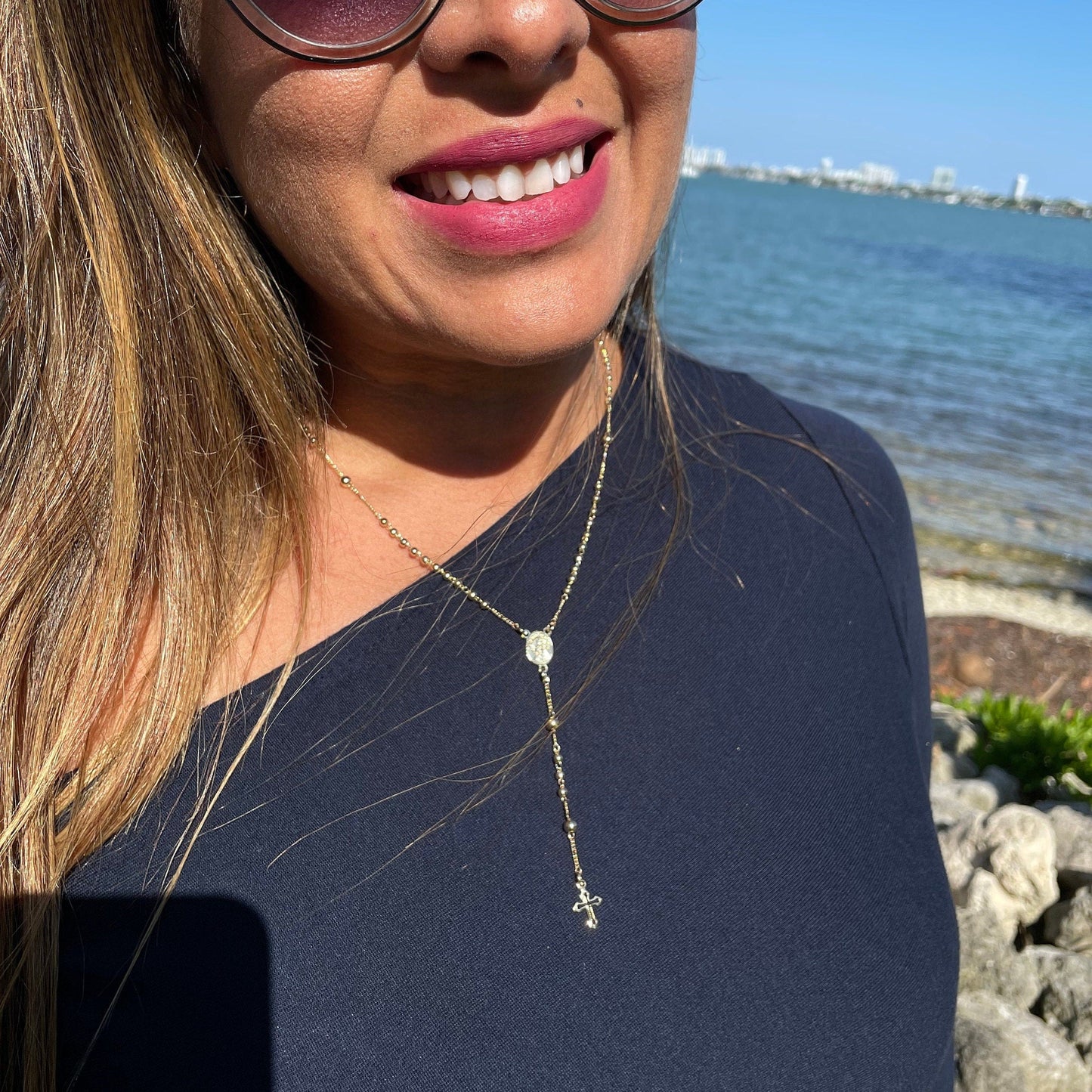18k Gold Filled Rosary Necklace: Beaded Virgin Mary Medal, Tiny Cross