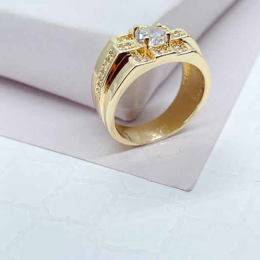 18k Gold Filled Cubic Patterned Mens Ring Featuring Diamond Cut Zircon Stone