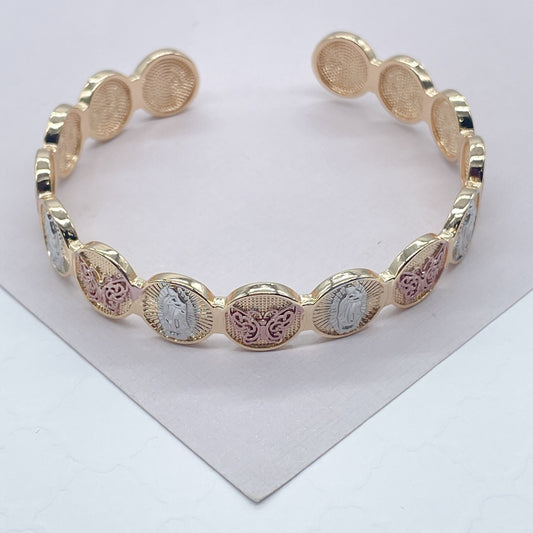 18k Gold Filled Beaded Bangle Bracelet Patterned With Virgin Mary and Butterfly