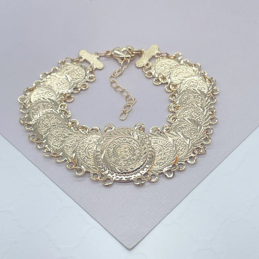 18k Gold Layered Engraved Coin Overlapping Bracelet