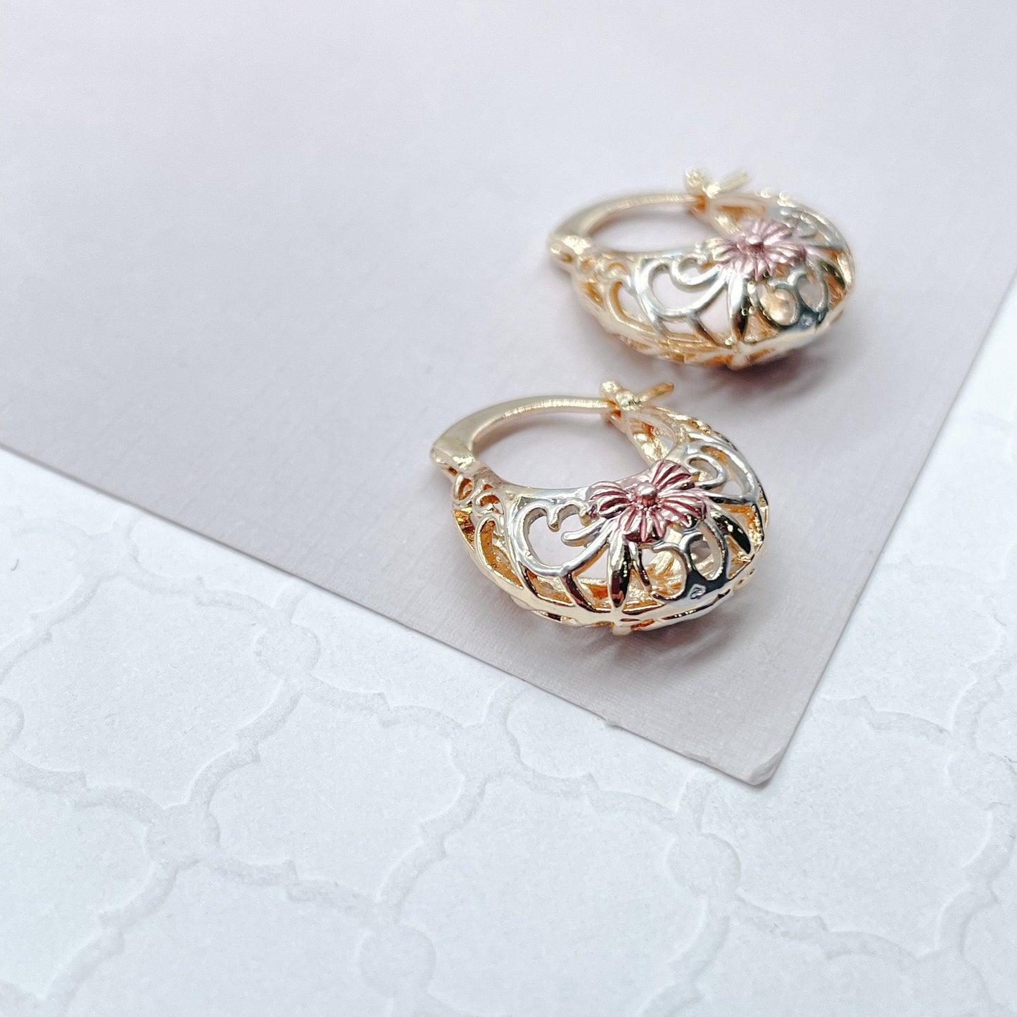 18k Gold Filled Tri-Colored Thick Open Hollow Hoop Earrings With Floral Design