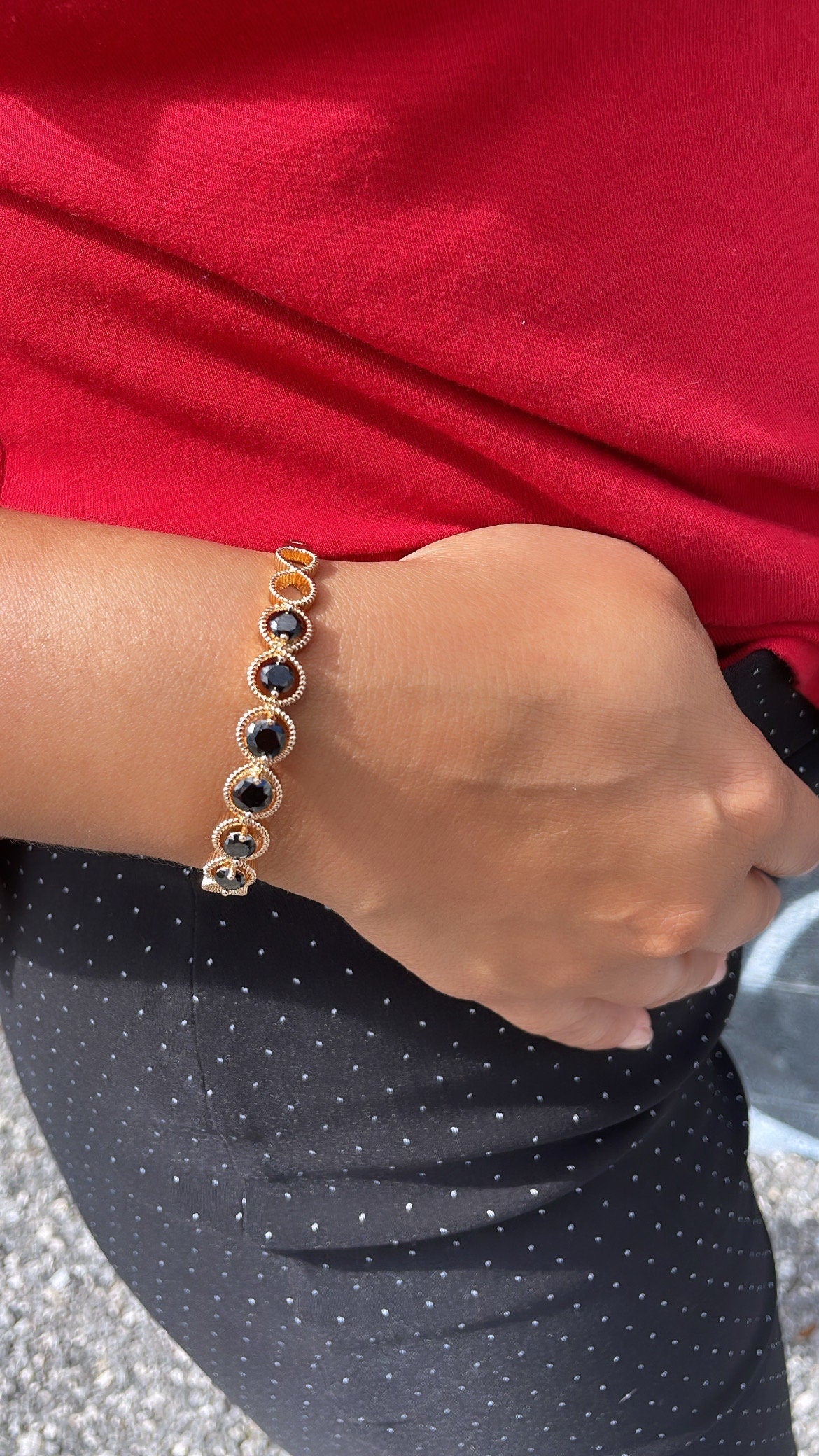 18k Gold Filled Cuff Bracelet Crowned With Black Stones