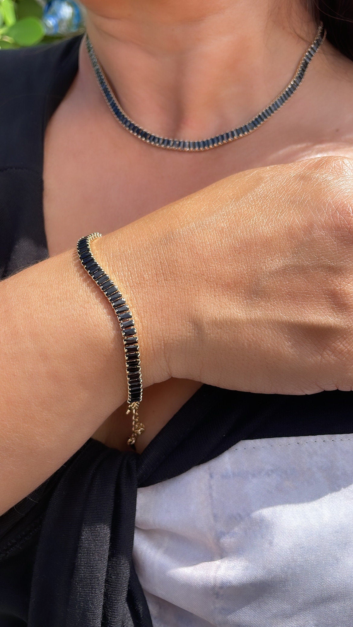 18k Gold Filled Black Baguette Stone Set