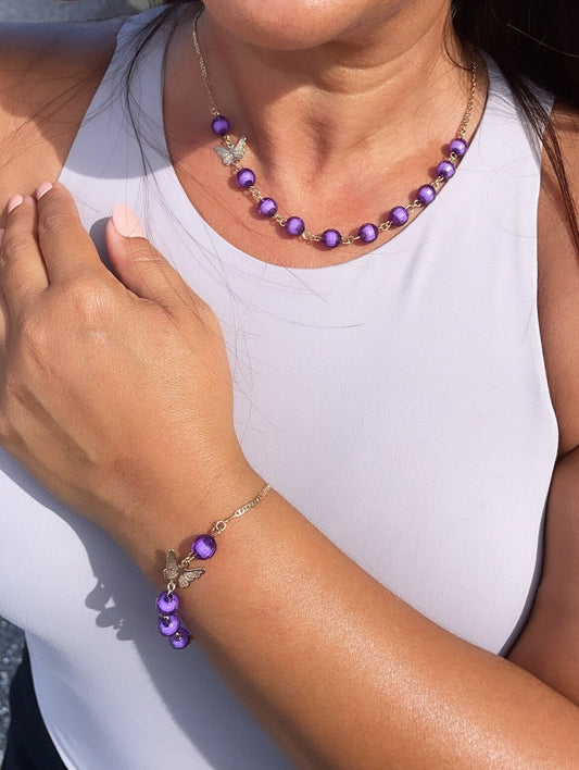 18k Gold Filled Dark Purple Glass Bead Butterfly Set of Bracelet And Necklace