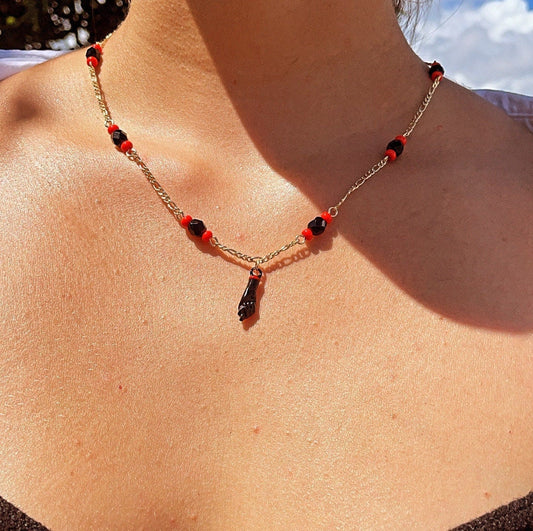 18k Gold Filled Figaro Necklace: Black Figa, Red Beads, Azabache Protection