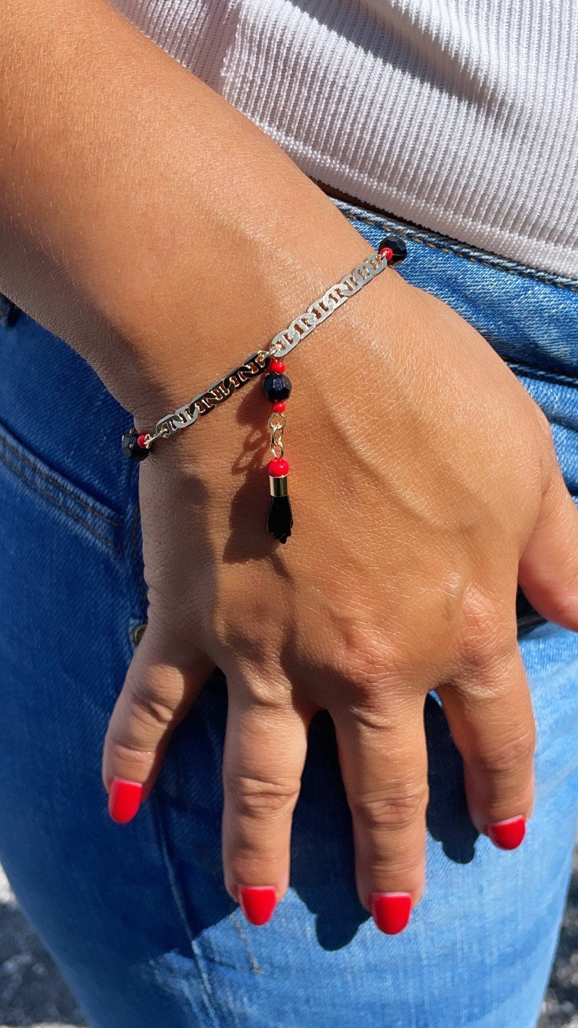 18k Gold Filled Mariner Link Bracelet: Figa Charm & Simulated Azabaches