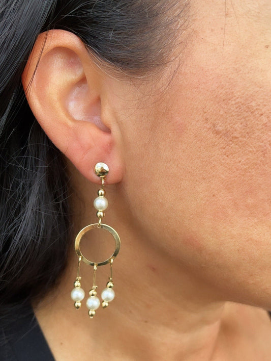 18k Gold Filled Boho Dreamcatcher Inspire Design Dangle Earrings Featuring Details in Simulated Pearl Jewelry