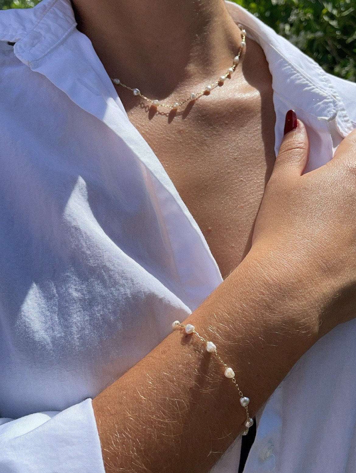 18k Gold Filled Tiny Heart Shape Pearl Set