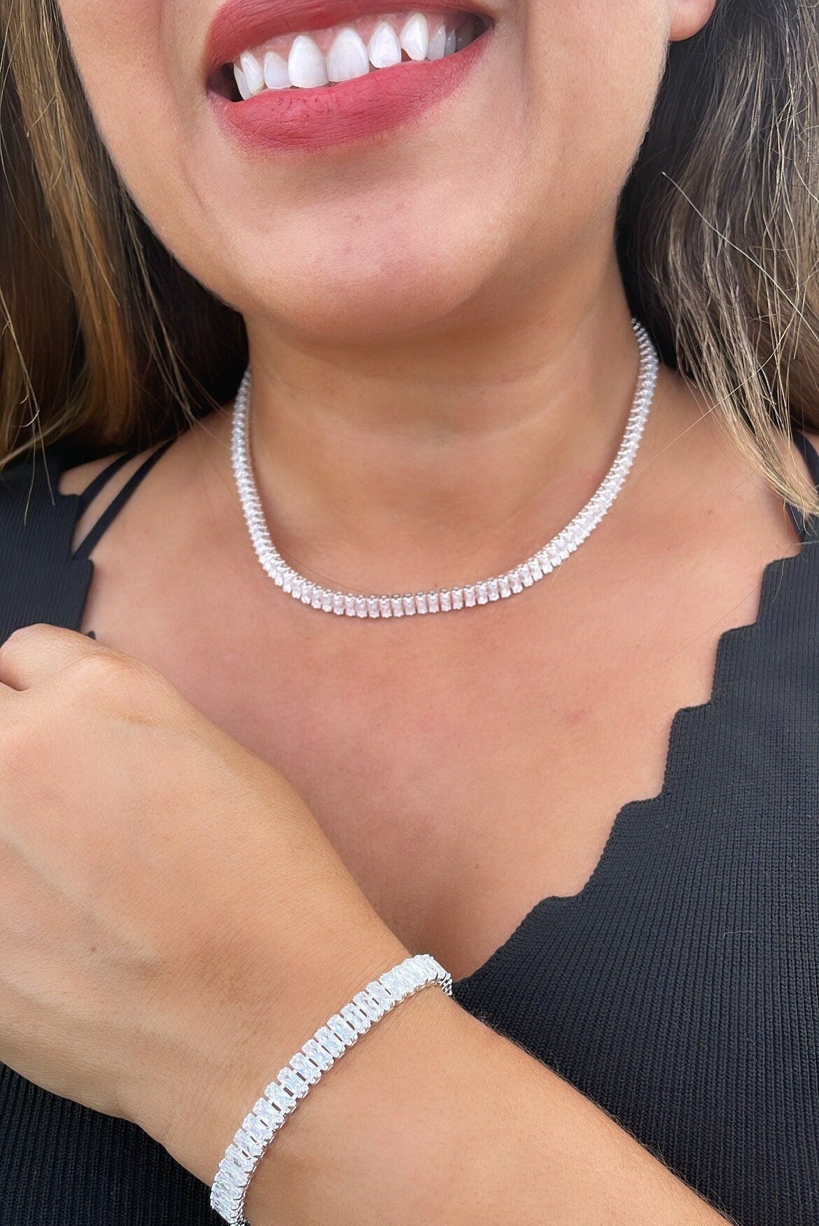 18k Gold Filled Silver Baguette Zircon Set