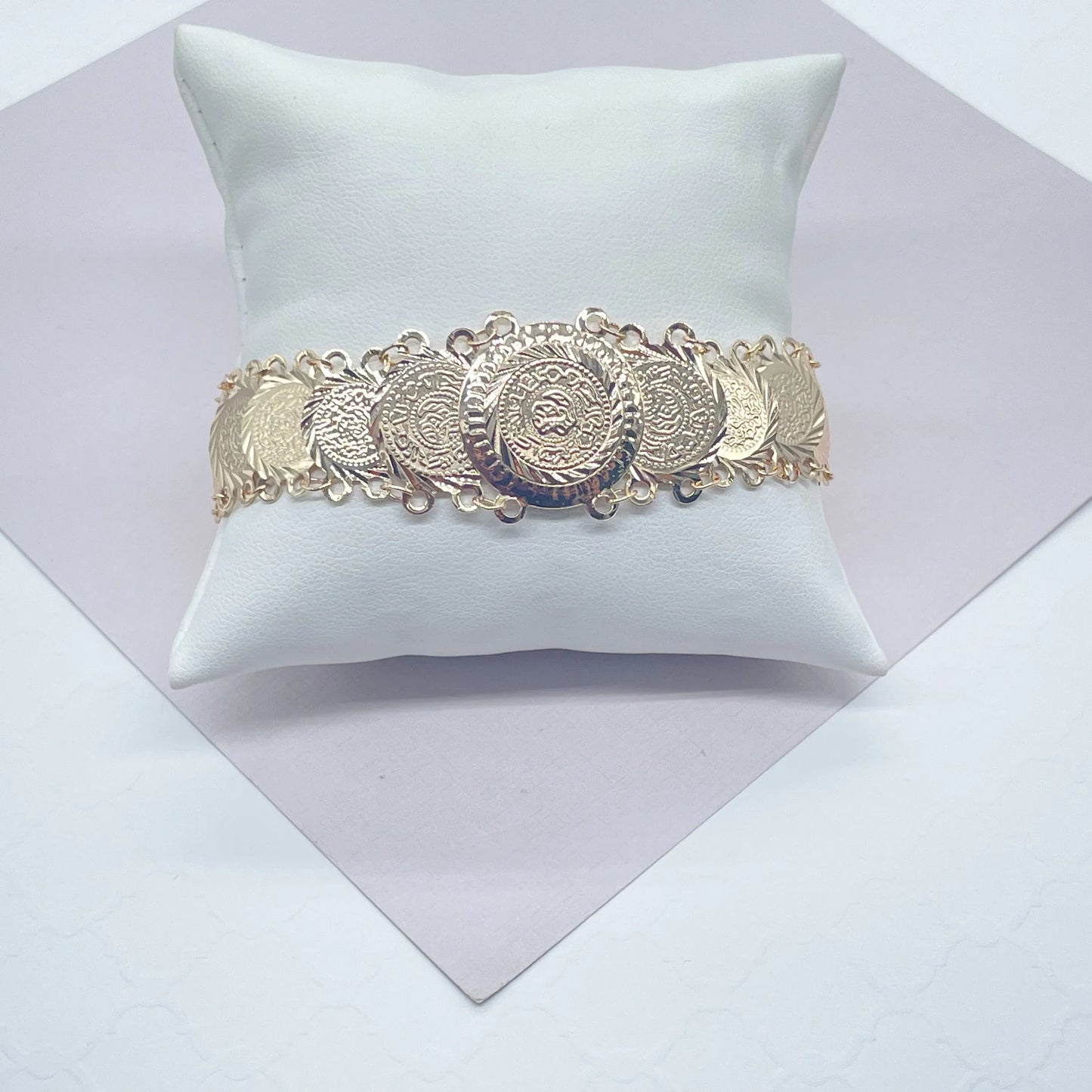 18k Gold Layered Engraved Coin Overlapping Bracelet