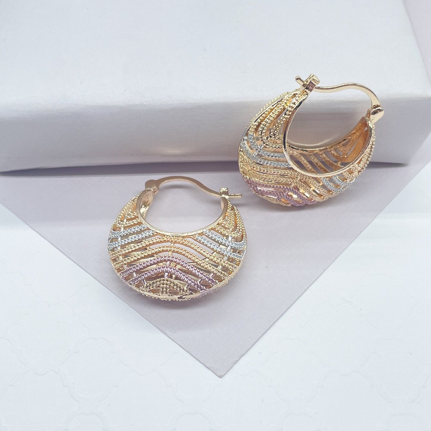 18k Gold Filled Tri-Color Wavy Patterned Basket Shape Hoop Earrings