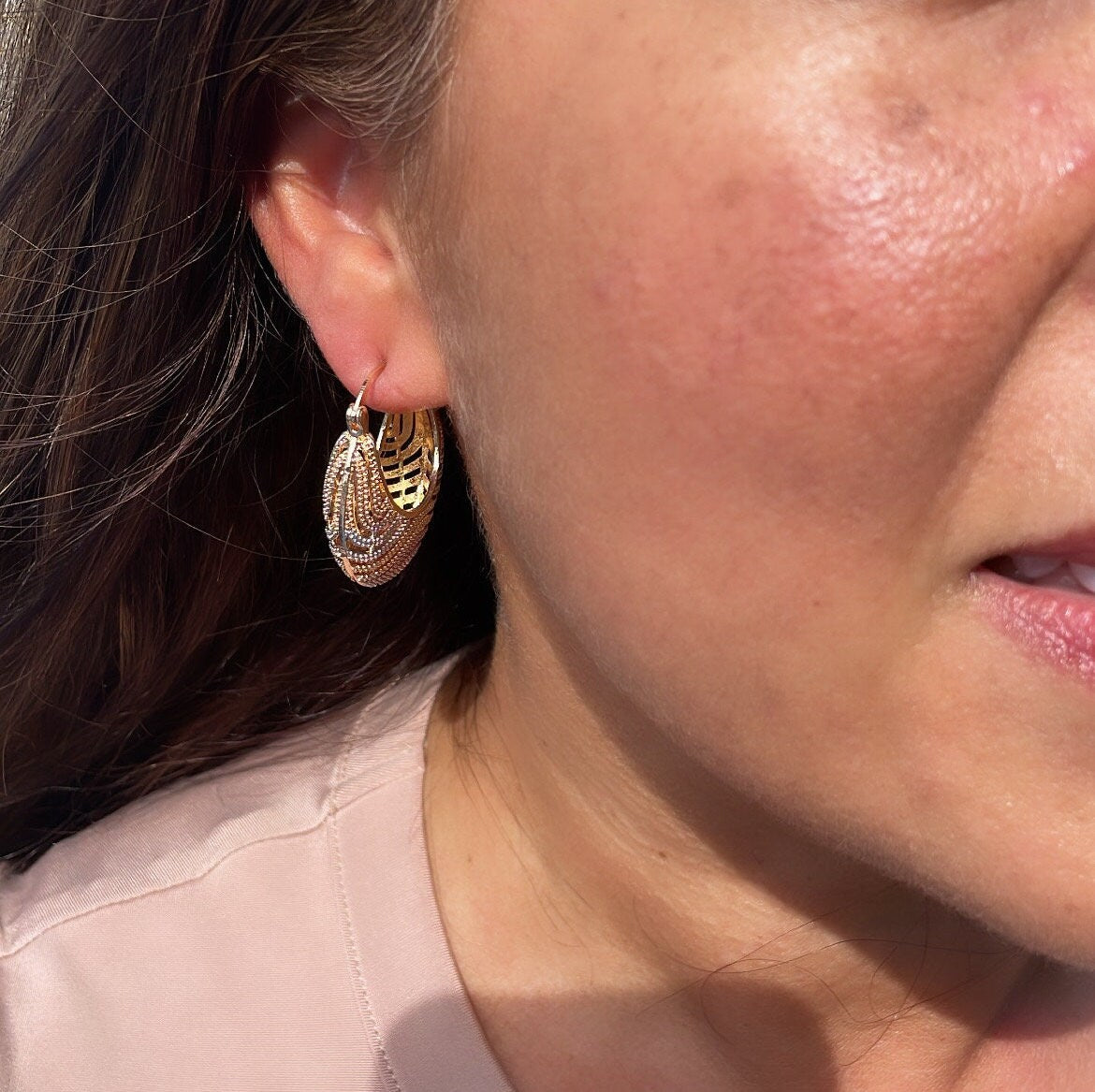 18k Gold Filled Tri-Color Wavy Patterned Basket Shape Hoop Earrings, Bohemian Hoop, Mothers day Gift, Waterproof, Hypoallergenic Hoops