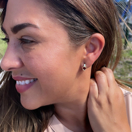 18k Gold Filled Heart Stone Huggie Small Hoop Earrings Hypoallergenic Jewelry Available in Ruby, Crystal, Pink And Lilac Colors