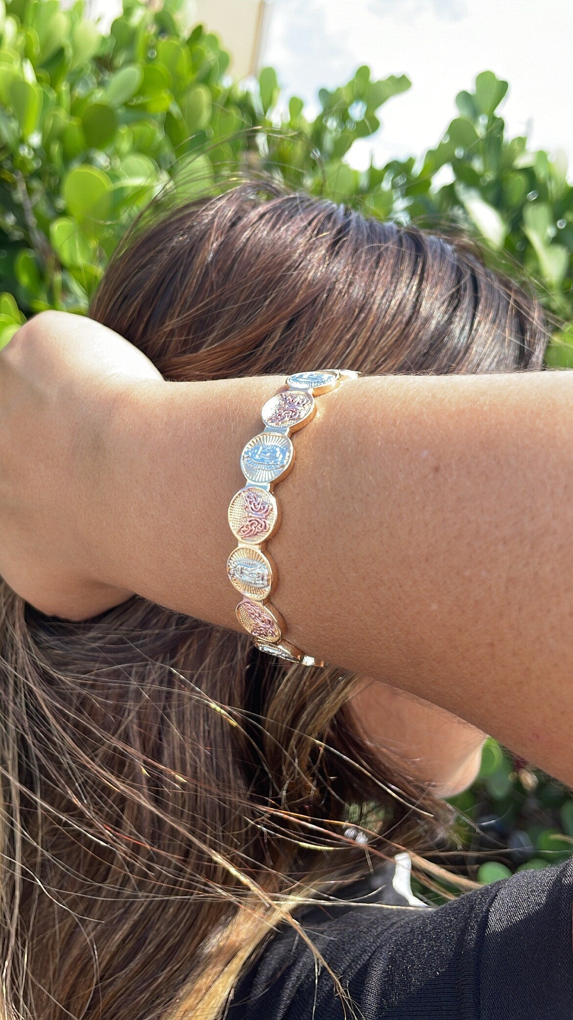 18k Gold Filled Beaded Bangle Bracelet Patterned With Virgin Mary and Butterfly