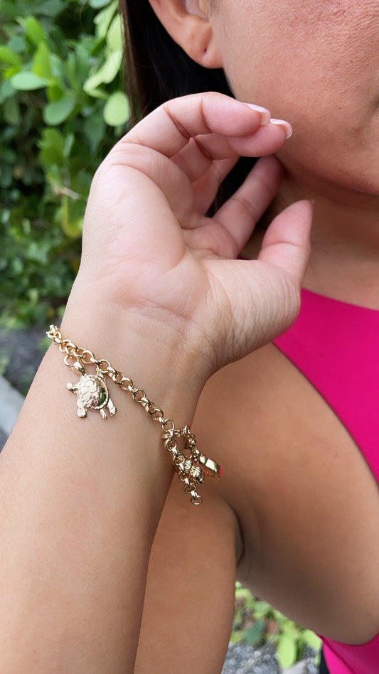 18k Gold Filled Lucky Charm Bracelet, Dolphin, Turtle, Elephant & Clover