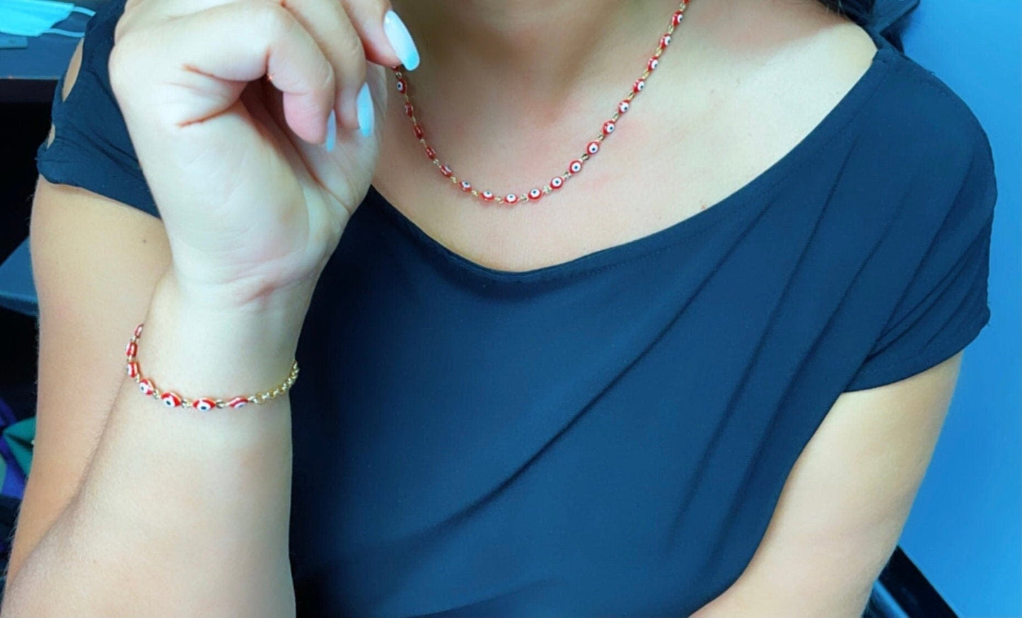 18k Gold Filled Blue or Red Color Evil Eye Bracelet And Necklace