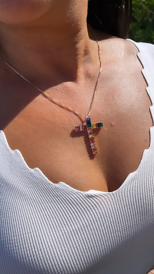 18k Gold Filled Cross Necklace: Multi-Color Zirconia Charm