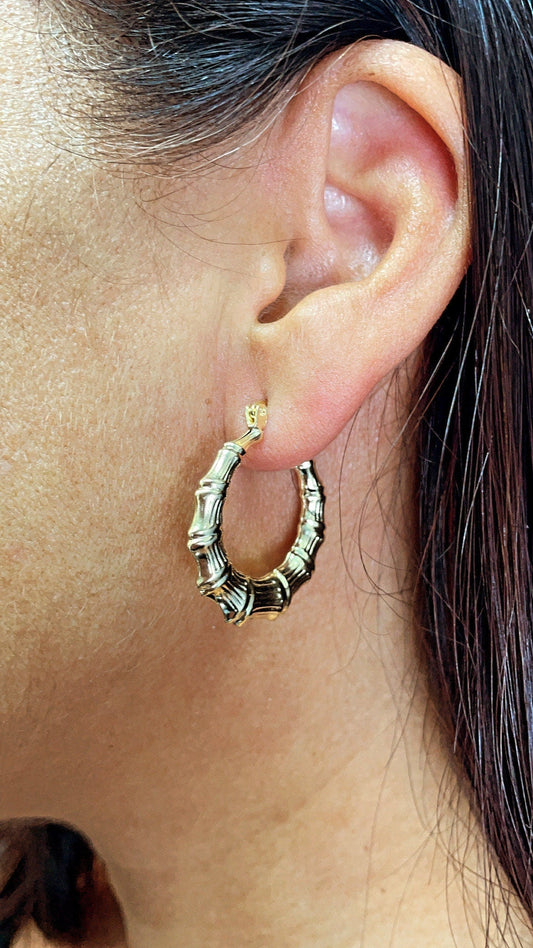 18k Gold Filled Textured Bamboo Hoop Earrings