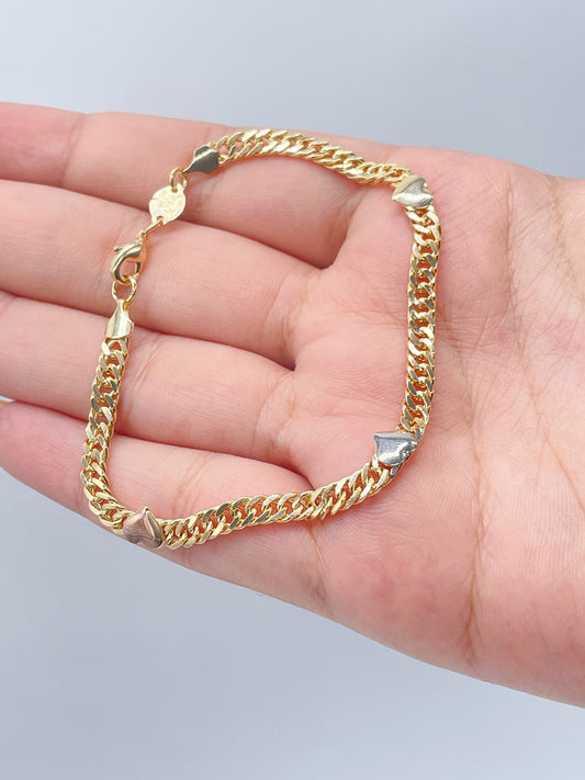 18k Gold Filled Cuban Chain Link Bracelets With Hearts Engraved To It