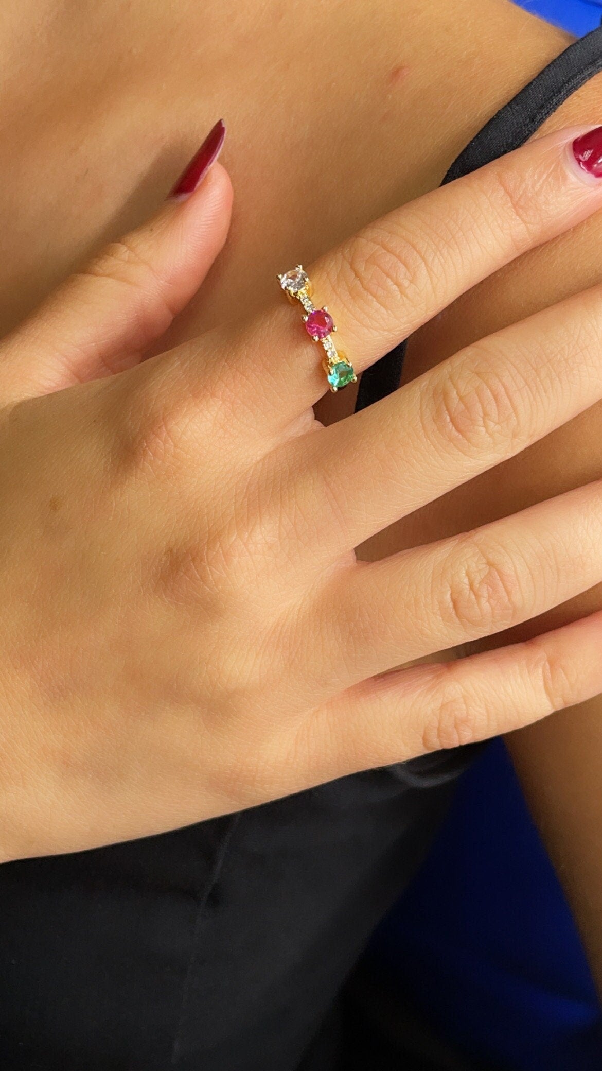 18k Gold Filled Pink, Crystal and Green Color Cubic Zirconia Stones Ring featuring Eternity Style Cubic Zirconia