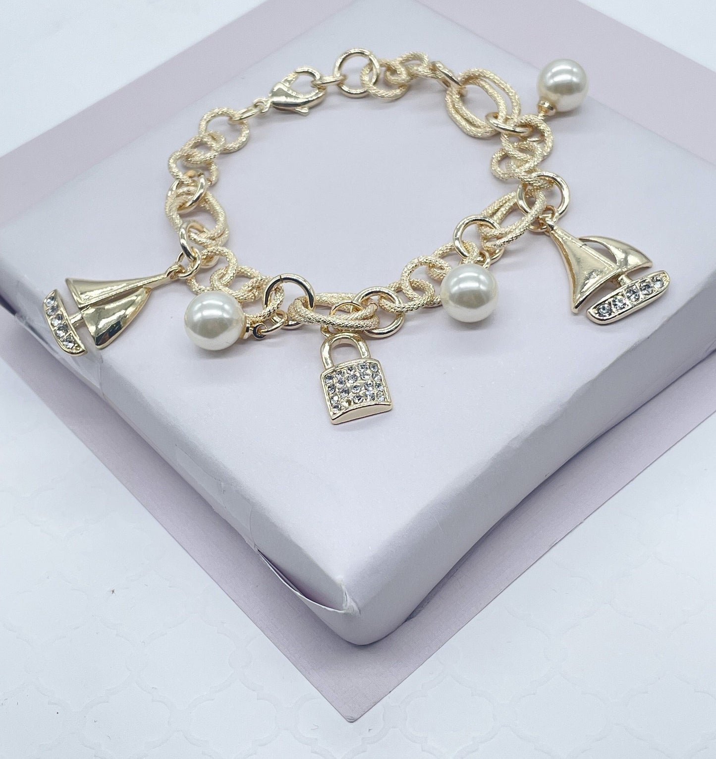 18k Gold Filled Sea Life Charm Bracelet, with Boat, Pearl Wholesale Jewelry, summer look