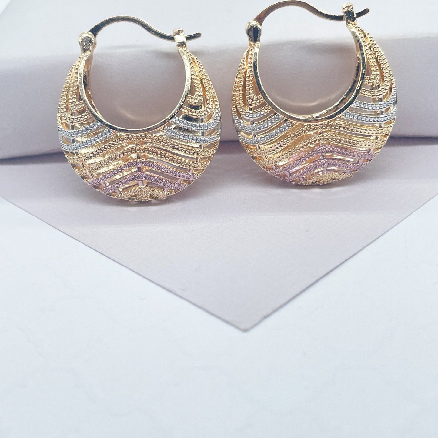 18k Gold Filled Tri-Color Wavy Patterned Basket Shape Hoop Earrings