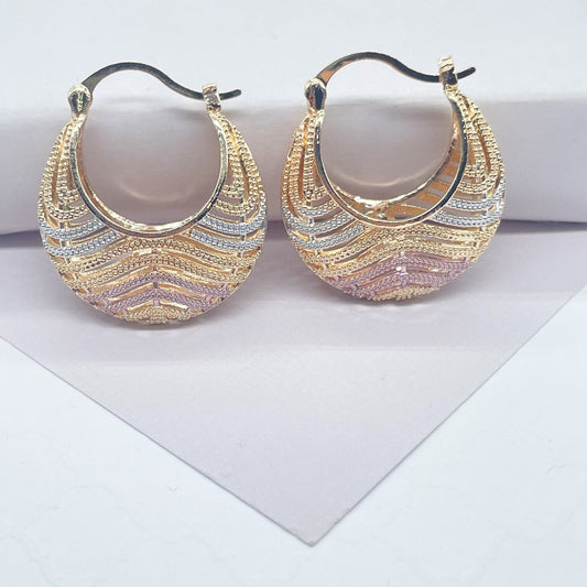 18k Gold Filled Tri-Color Wavy Patterned Basket Shape Hoop Earrings, Bohemian Hoop, Mothers day Gift, Waterproof, Hypoallergenic Hoops