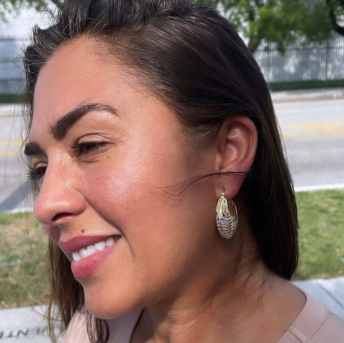 18k Gold Filled Tri-Color Wavy Patterned Basket Shape Hoop Earrings