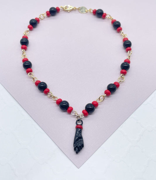 18k Gold Filled Beaded Anklet: Black Figa Charm, Good Luck Protection