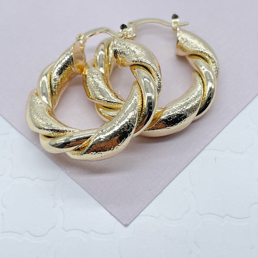 18k Gold Filled 6mm Thick Twisted Plain And Matte Tube Hoop Earrings Available