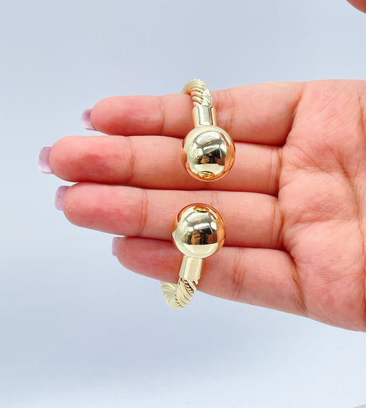 18k Gold Filled Twisted Bangle Featuring Two Solid Balls On Top Bracelet Jewelry