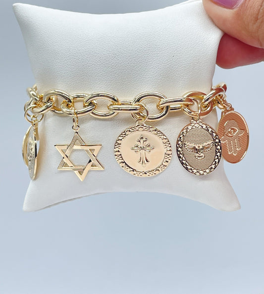 18k Gold Filled Bracelet With Mixed Religious and Protection Charms