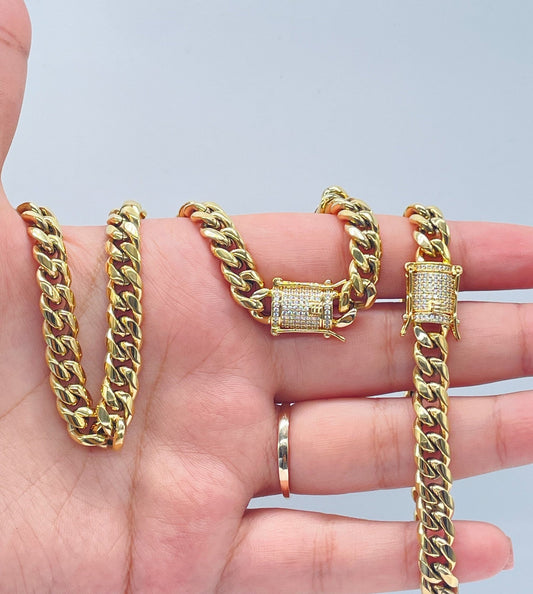 18k Gold Filled Original 8mm Miami Cuban Link Necklace and Bracelet featuring Zirconia Box Clasp