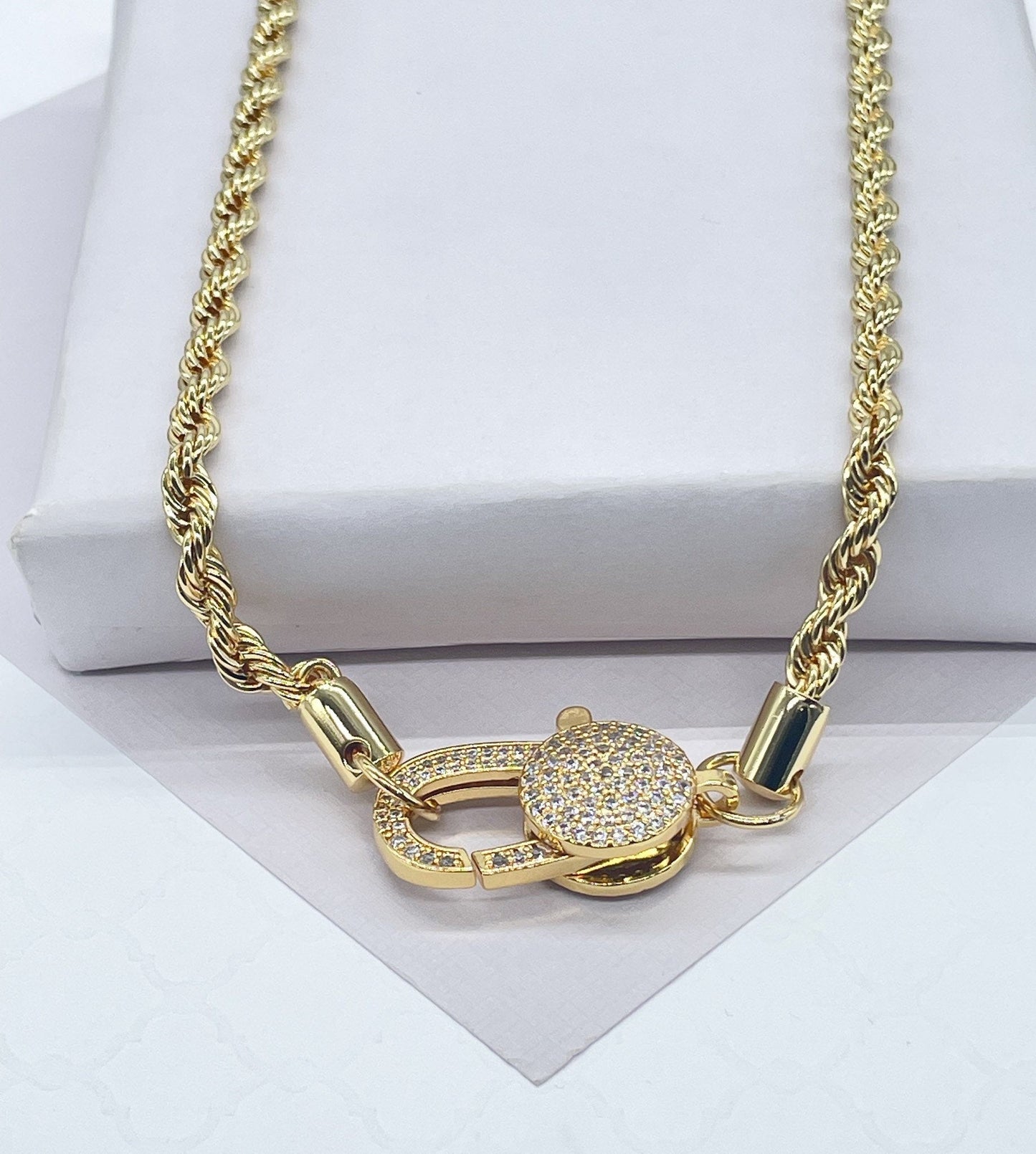 18k Gold Filled 5mm Thick Rope Choker Necklace featuring Large Pave Micro Zirconia Lobster Clasp