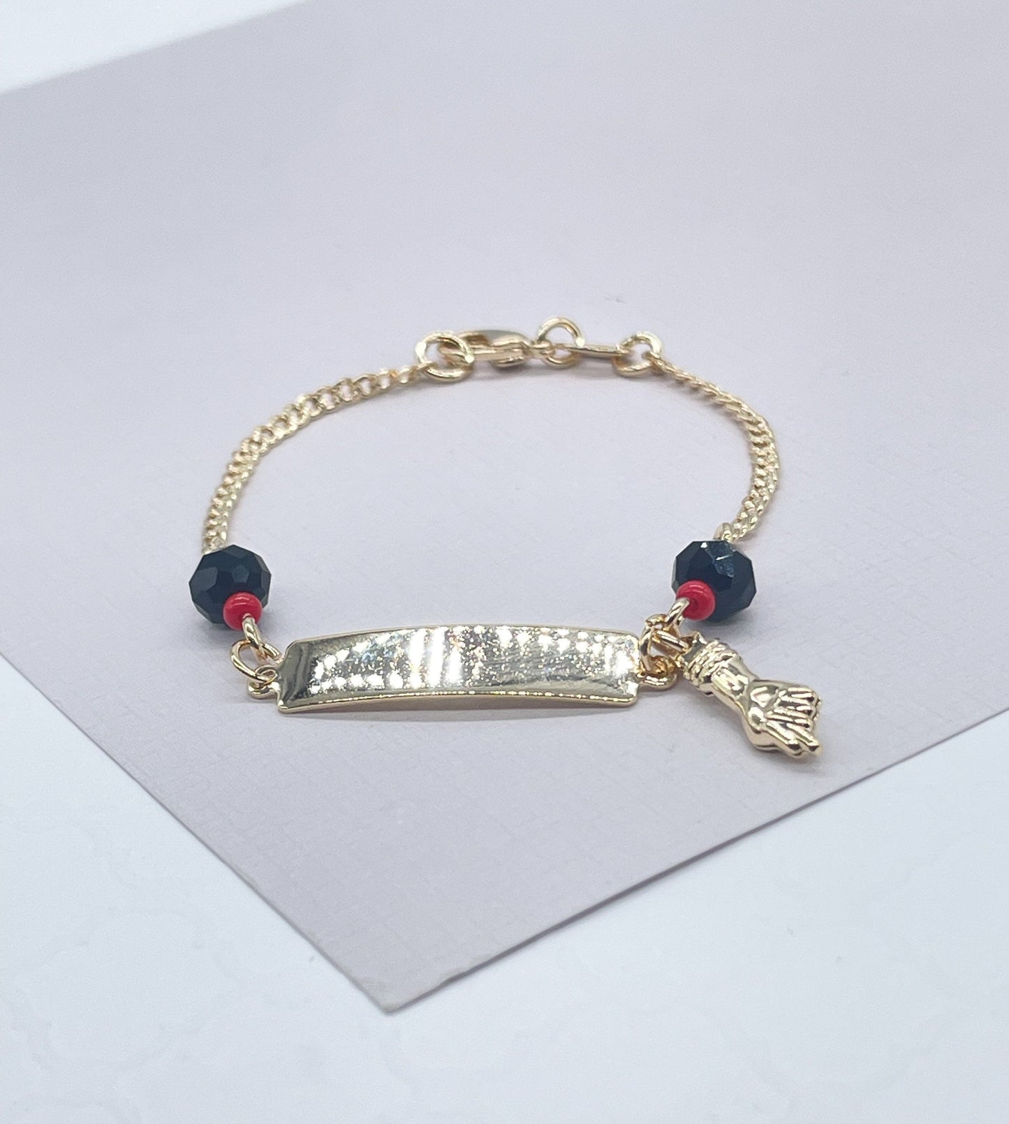 18k Gold Filled Cuban Link ID Bracelet With Azabache Charms on Two Ends